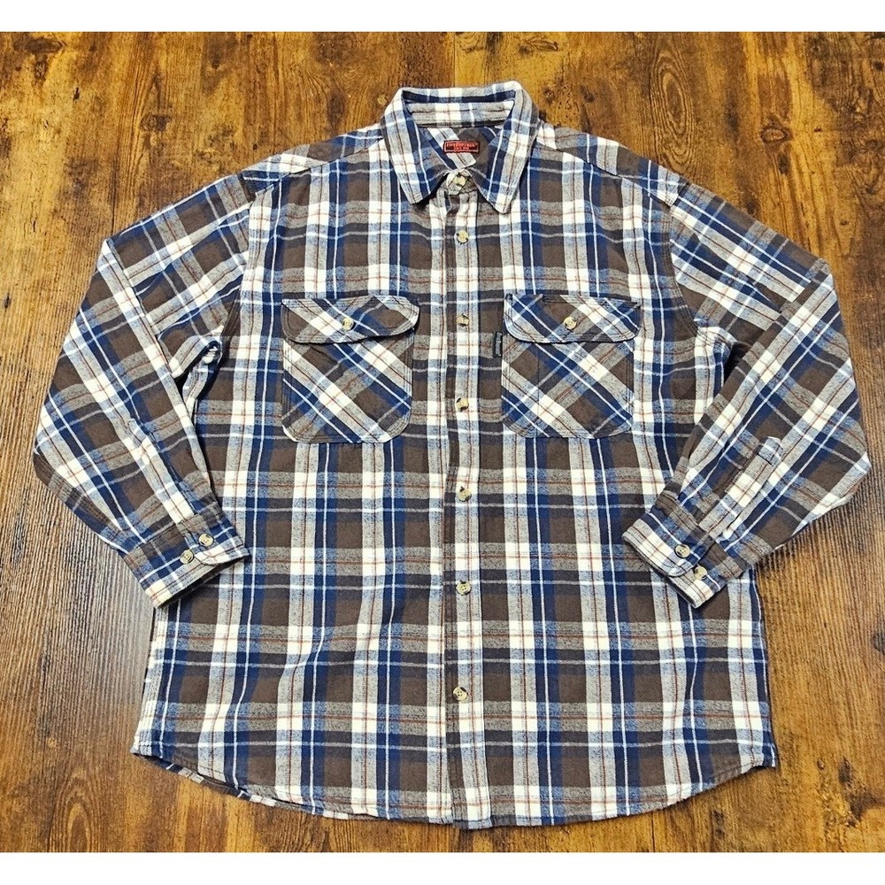 FiveBrother Mens XL Plaid Flannel Button Down Shirt Brown Blue Long Sleeve